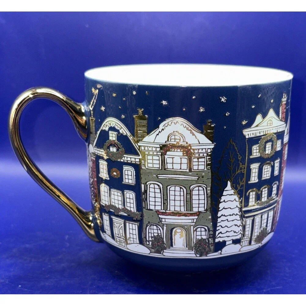 Christmas Winter Cityscape Ceramic Mug Blue Gold Handle - “Anthropology Style”
